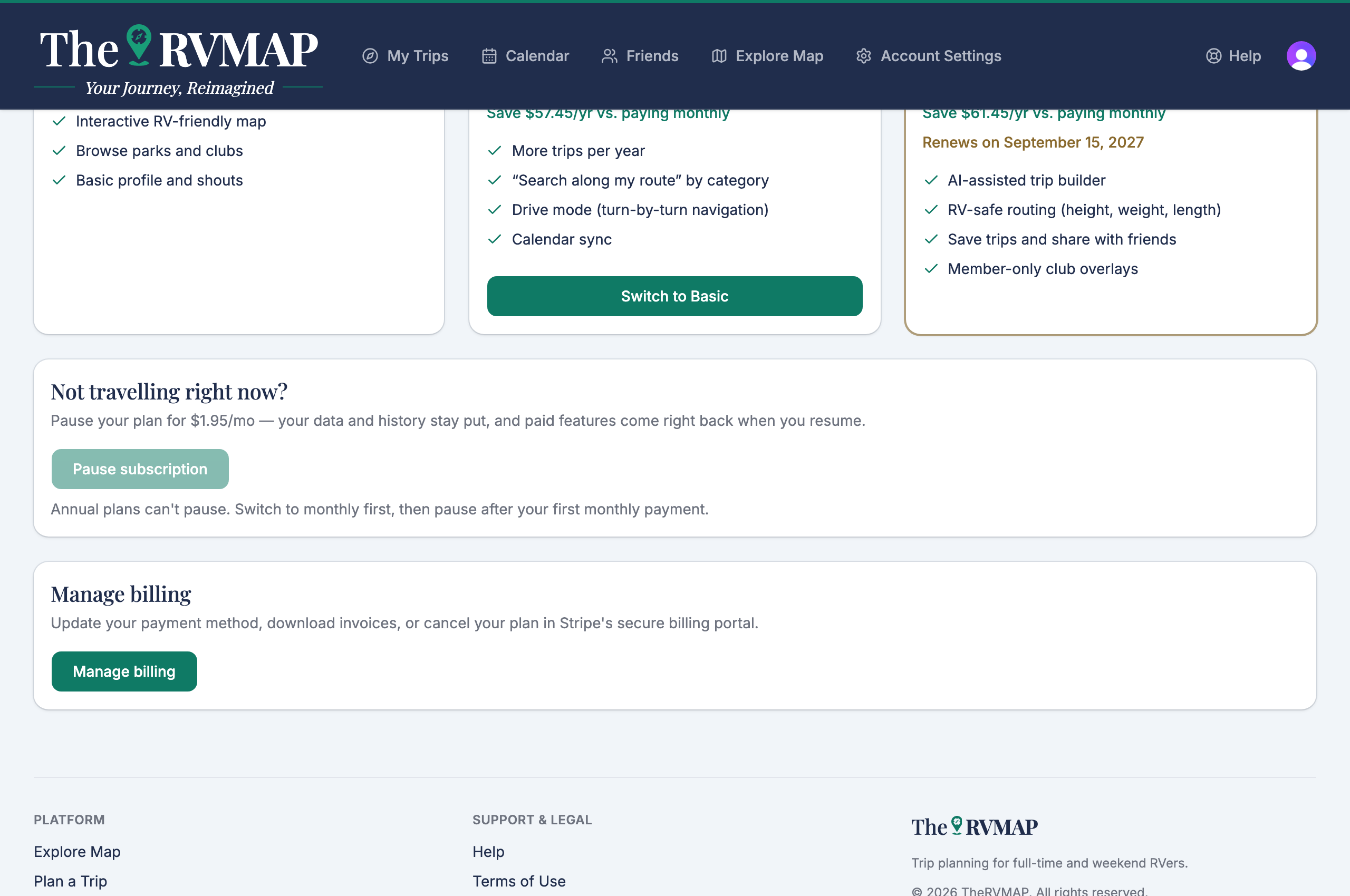 The manage-billing panel on the subscription page (web)