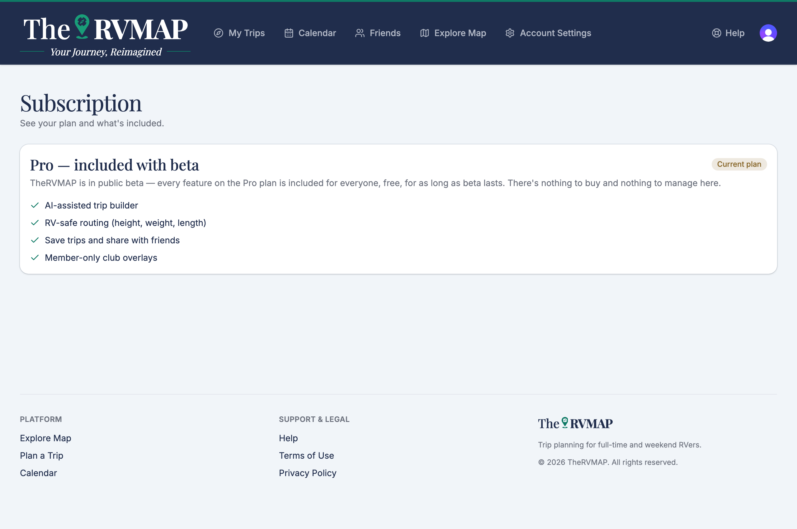 Subscription page showing the single beta card (web)